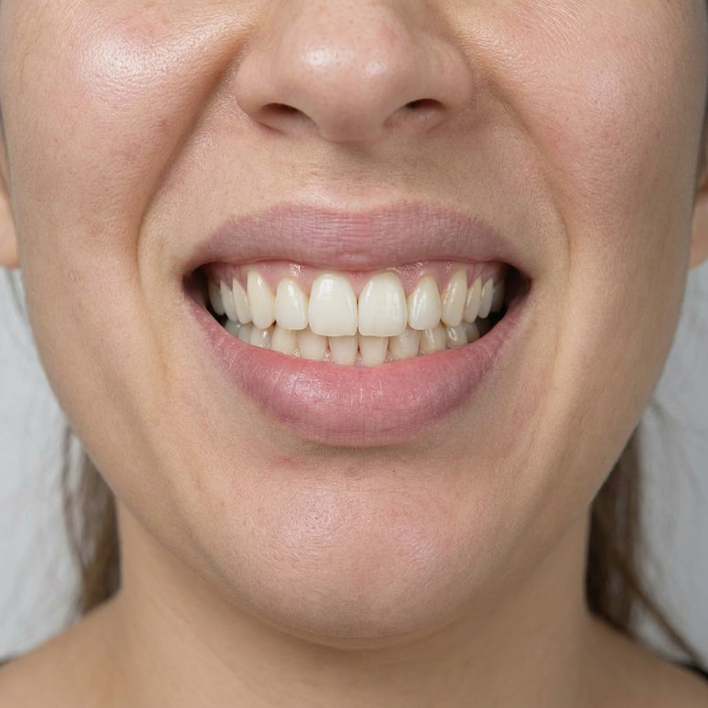 Adult smile before treatment with crowded, overlapping front teeth